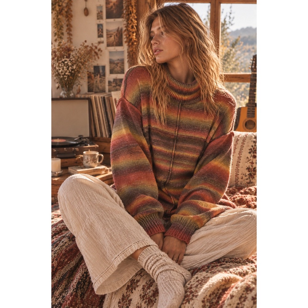 Beachlunchlounge Womens XL Mock Neck Ombre Striped Knit Sweater Sunset Orange